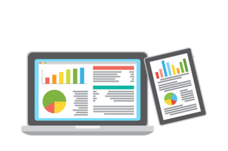 Animated illustration of an open laptop and a tablet displaying various graphs.