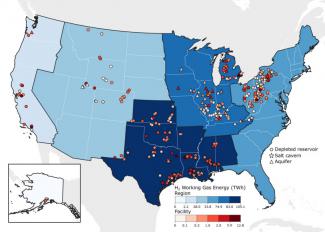 Diagram displaying working h2 gas energy and UGS storage facilities in the Unites States.