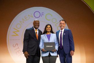 NETL’s Pranjali Muley, center, was recognized recently as a Technology Rising Star. She is joined in the photo by, on right, Kevin Kaiser, vice president, division manager, Biobehavioral Research at Leidos, and Kendall Harris, principal consultant, Global Access LLC.