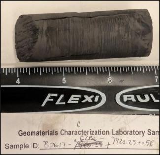 The top image is a shale sample extracted at a depth of 7,920.25 feet from the NETL-funded Marcellus Shale Energy and Environmental Laboratory well located at the Boggess site near Core, West Virginia. A preliminary analysis showed elevated levels of chromium, strontium, barium, cerium, and neodymium (all critical minerals) in the sample.